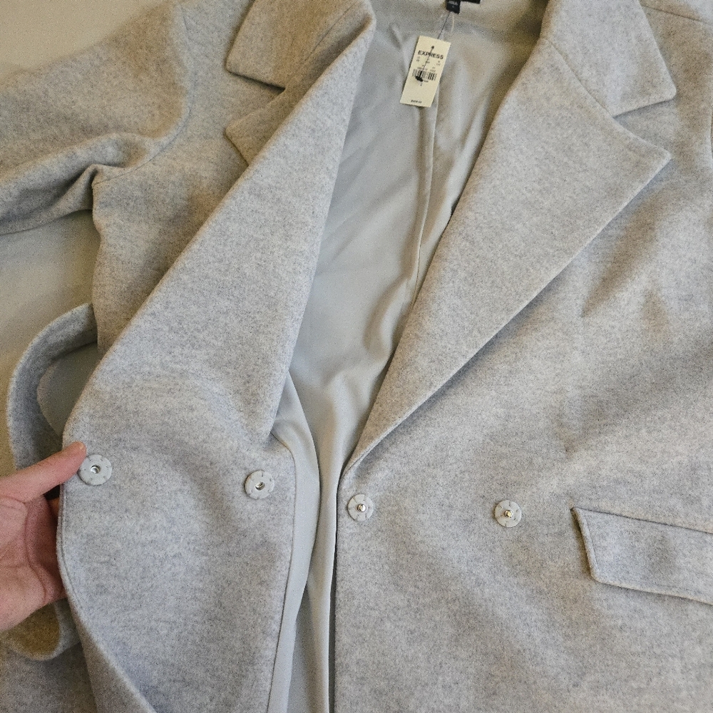 Express Belted Wrap Front Faux Wool Coat Light Gray HAL3 - Picture 13 of 16